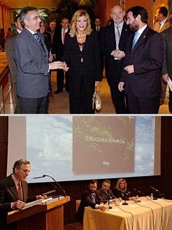 En la imagen superior, el Presidente Sanz junto a la baronesa Thyssen a su llegada al Museo. Abajo, intervención de Rafael Moneo.